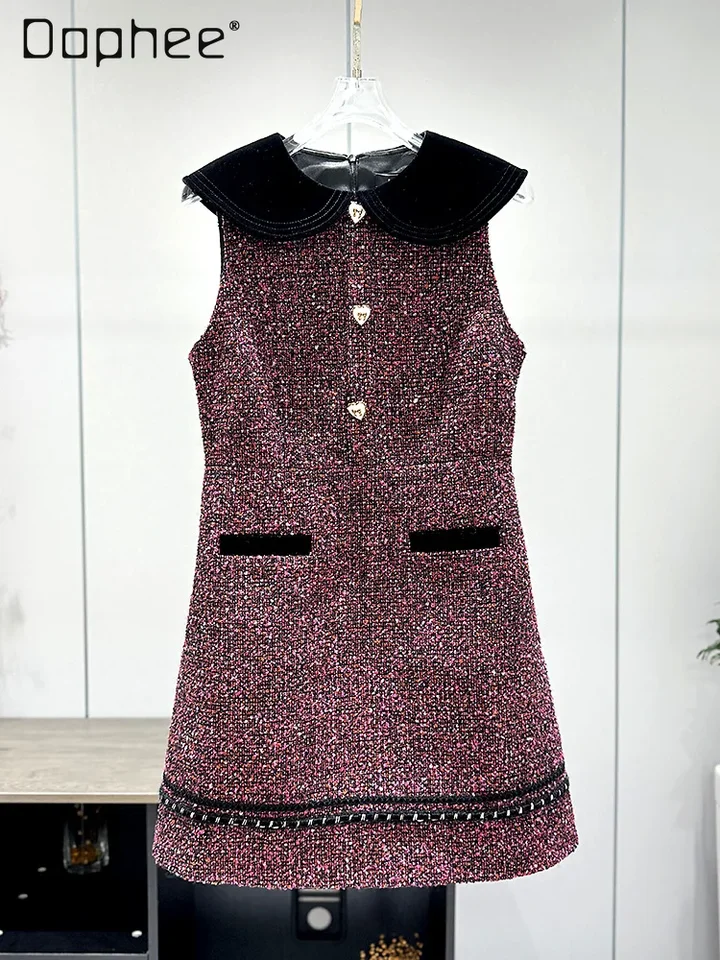 High-end Velvet Doll Golier Tweed Dress Sweet Heart Button Line Bez rukávov Krátke šaty Elegantné dámy Vestido Autumn