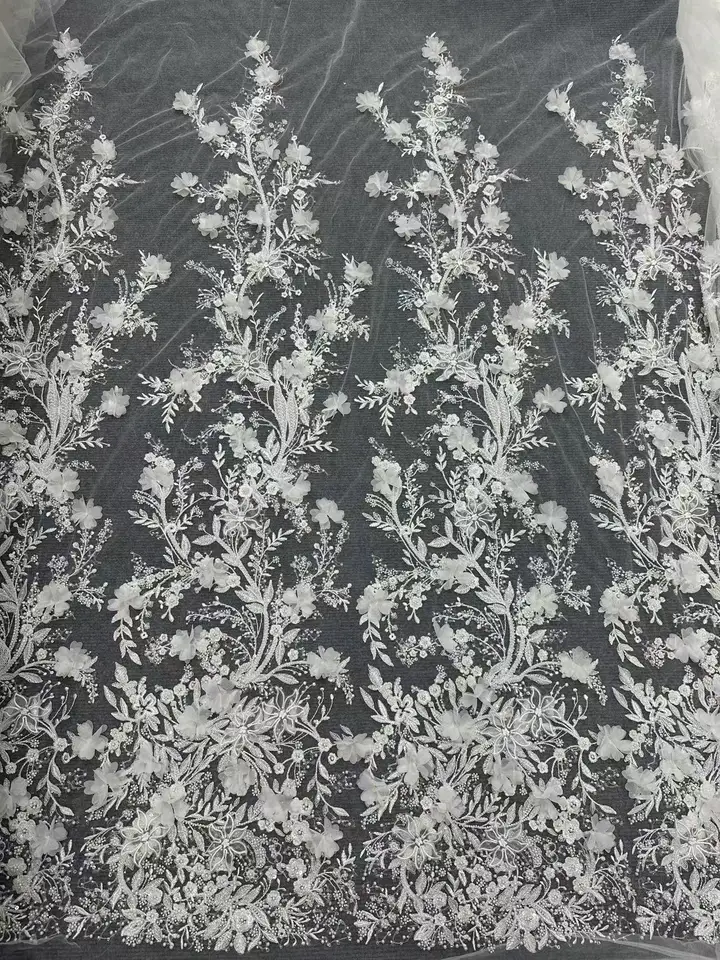 High-end Vynikajúce biele francúzske korálky Tylové svadobné šaty Vysoko kvalitné africké nigérijské flitrové čipky Lace Tkanina pre svadobné šaty