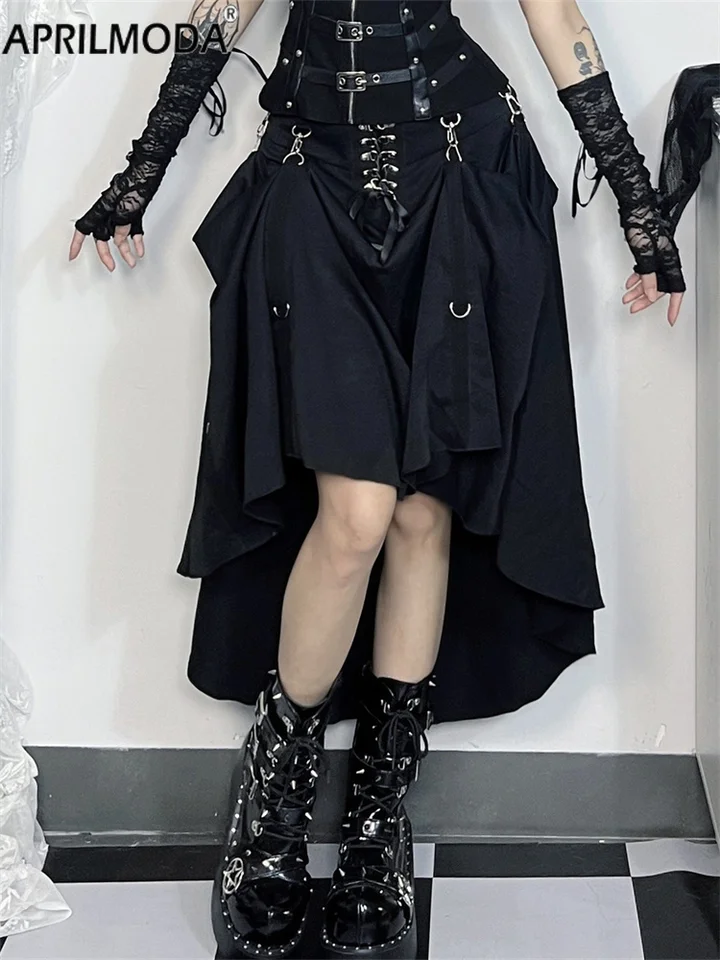 High Low Black Vintage Midi Long Skirt Irregular Hem Black Cosplay Gothic Steampink Dance Skirts Hip Hop Aesthetic Summer Skater