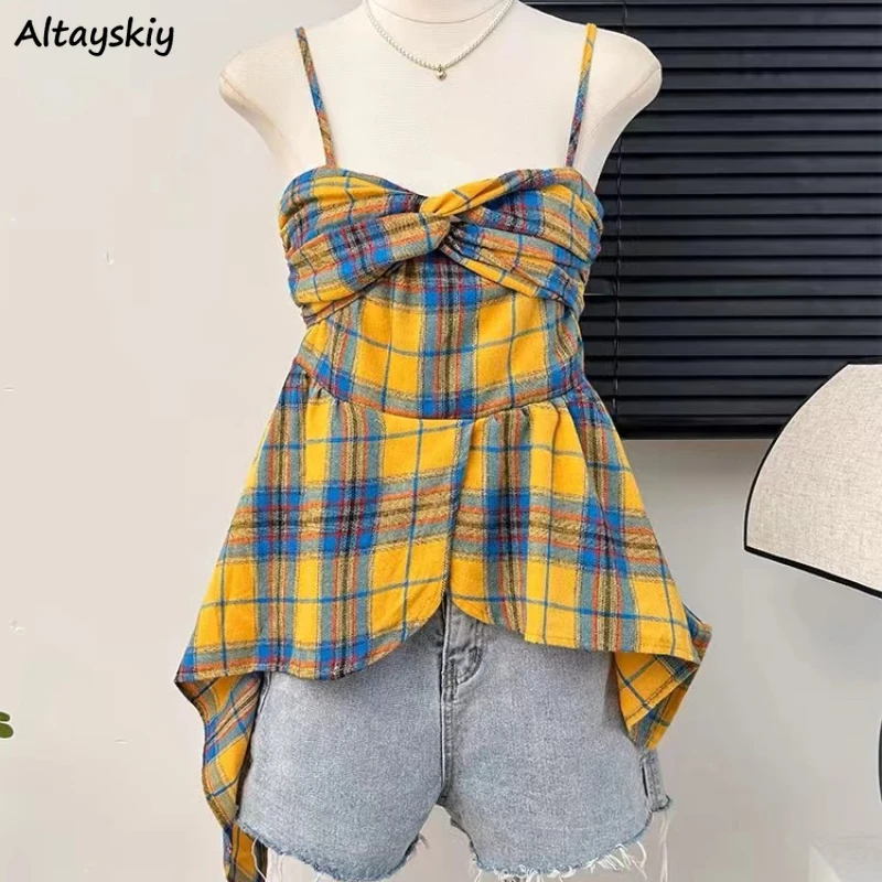 High Street Camis Ženy Plaid Sexy All-Match Retro Populárne sladké pikantné dievčatá atraktívne kórejské módne fit fit