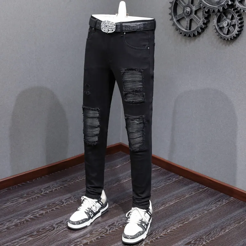 High Street Fashion New Pánske džínsy umývajú nostalgické patch elastické štíhle čierne džínsy dizajnér hip hop brand nohavice hombre