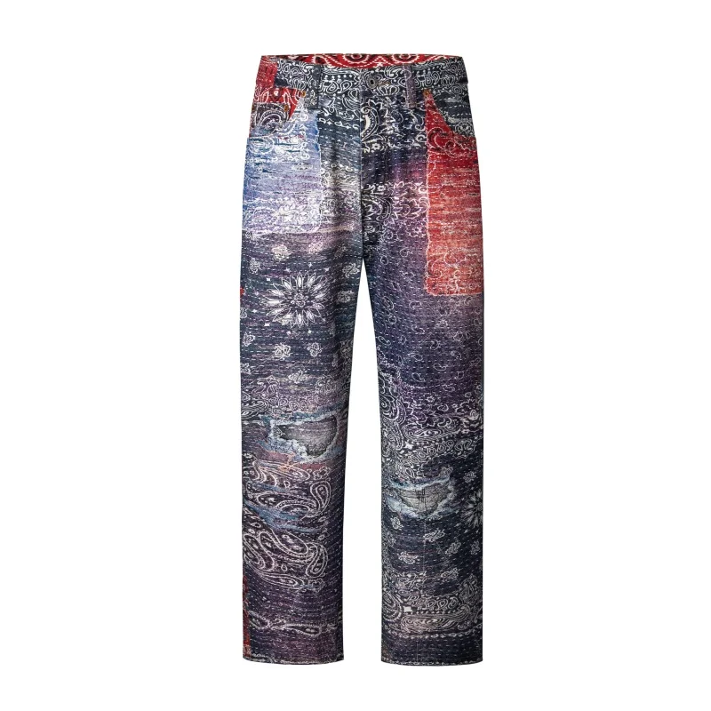 High Street Paisley Jeans Pánska módna značka voľný osobnosť módny dizajn zmysel Európsky hip hop pekné priame nohavice