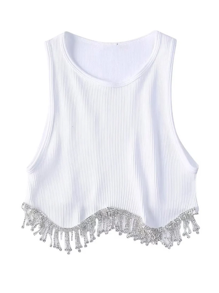 High Street Sexy lem Tassel Diamond Pleading pletenie tričko Chic Camis Tank Lady Slim Crop Vest To Tops