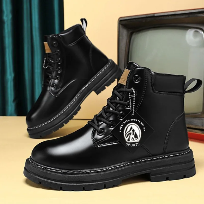 High Top Boots Pánske kožené topánky módne motocykle členkové topánky pre mužov Zimné topánky Man-Up Lace-up botas hombre