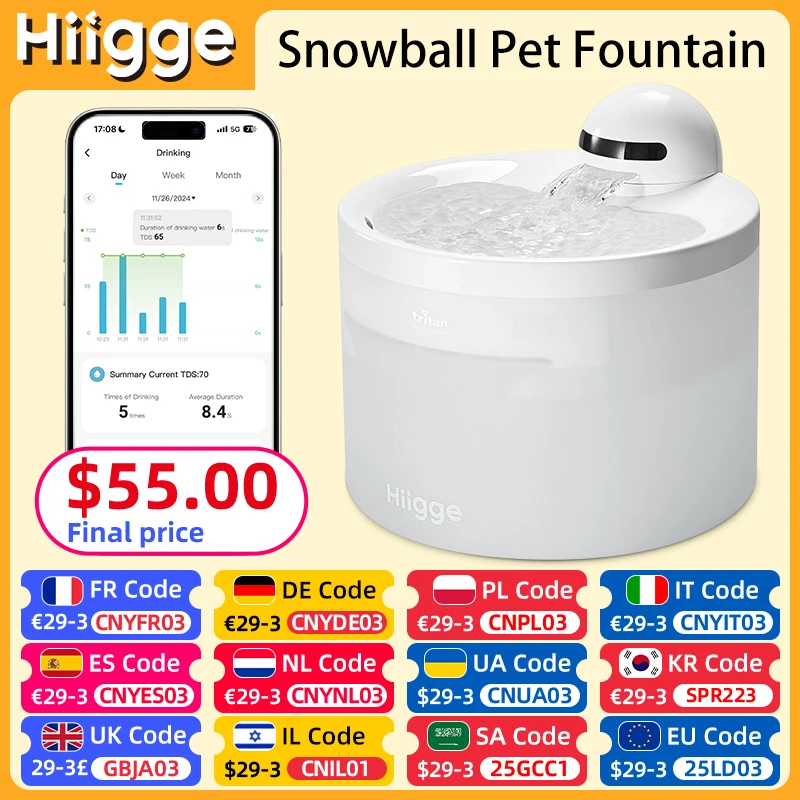 Hiigge Snowball Cat Water Fountain Wireless Automatic Water DispenSer pre psa bezdrôtového pitia domácich miláčikov s analýzou údajov