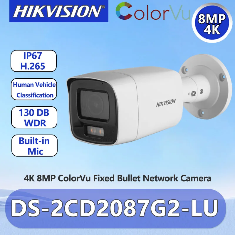 Hikvision 4K 8MP Colorvu IP Camera Outdoor Security CCTV Human Classification Poe Camera Vstavaný mikrofón DS-2CD2087G2-LU