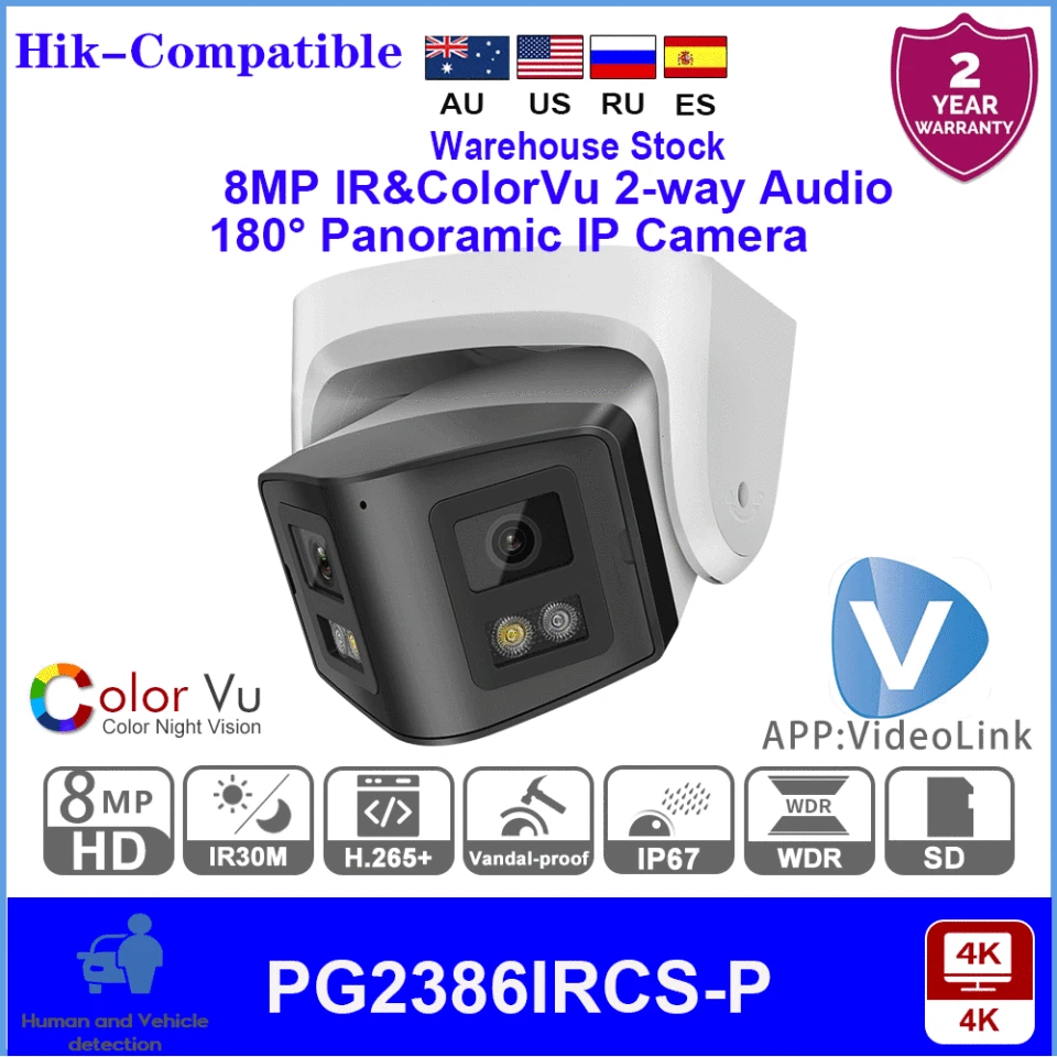 HikVision kompatibilný 4K 8MP 180 ° Panoramatická IP fotoaparát IR a Colorvu Audio Human Human Detection SD Card Slot Plug & Play Hik NVR