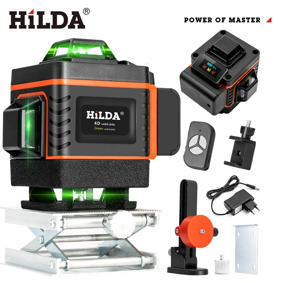 Hilda 16/12lines 4D laserová úroveň zelenej čiary Self -liveling 360 Horizontálna a vertikálna super výkonná laserová zelená lúč