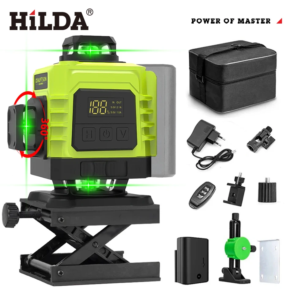 Hilda 16 Čiary zelený lúč laser úroveň 4D 360 Vertikálne a vodorovné silné zelené svetlo lúč Vysoko výkonná batéria