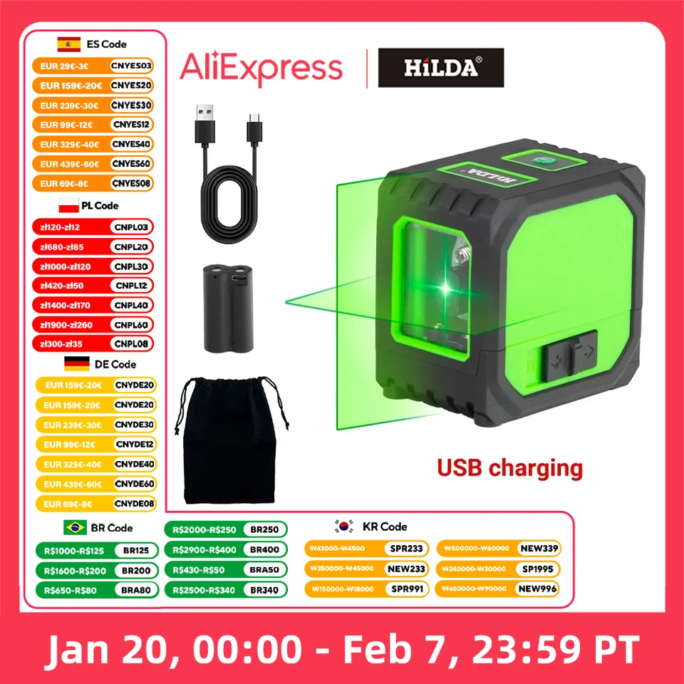 Hilda 2 riadky Mini laserová úroveň Self Leting Green Beams Laser Horizontálne a vertikálne krížové nabíjanie USB