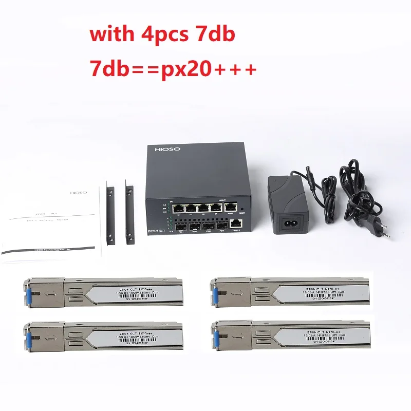 Hioso nízka cena s vysokokvalitným mini 4 hioso epón OLT DC12V 5A 1000M Uplink OLT s px +++ 7db SFP