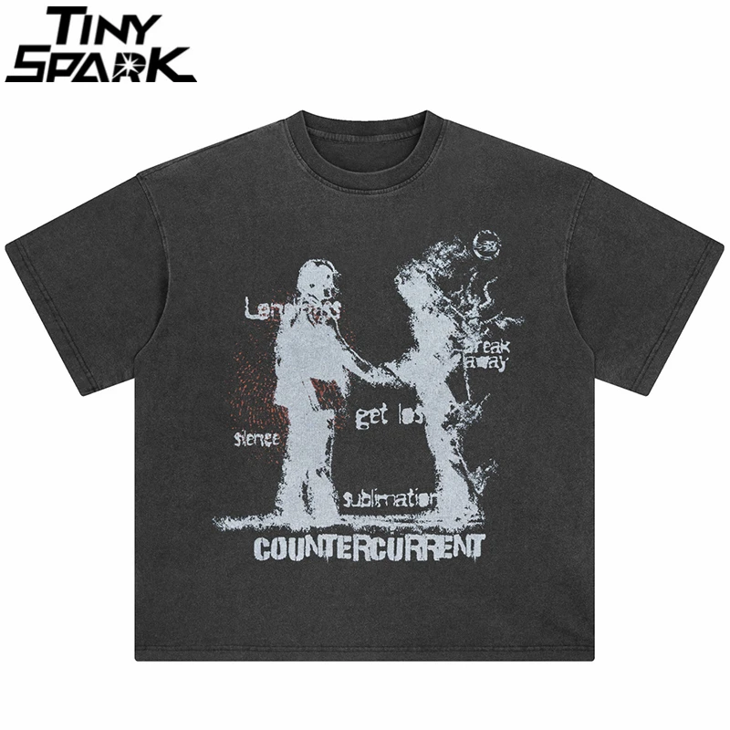 Hip hop 2024 retro umyté čierne tričko streetwear countercurrent tieň grafické tričko bavlnené muži tričko Unisex topy