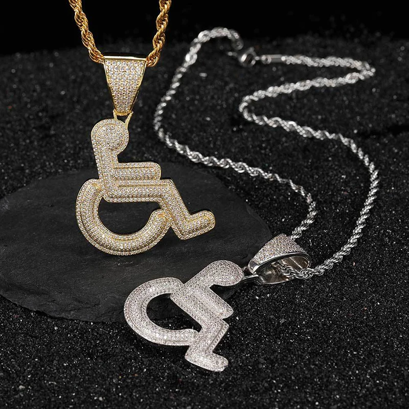 Hip hop 3a+ cz kameň dláždený bling imid out postihnutia znamenie Invalidný plášť prívesky náhrdelník pre mužov rapper šperky zlato strieborná farba