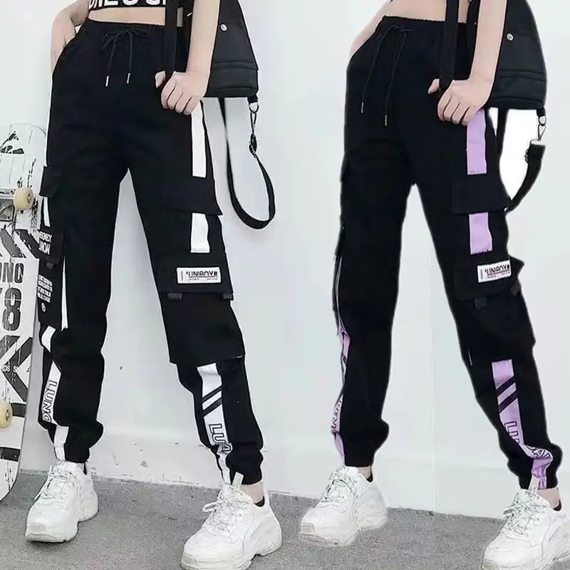 Hip Hop Dámske športové módne nákladné nohavice voľné a príležitostné kórejské harémové nohavice Čierne bežky s viacerými vreckami nohavíc 5xl