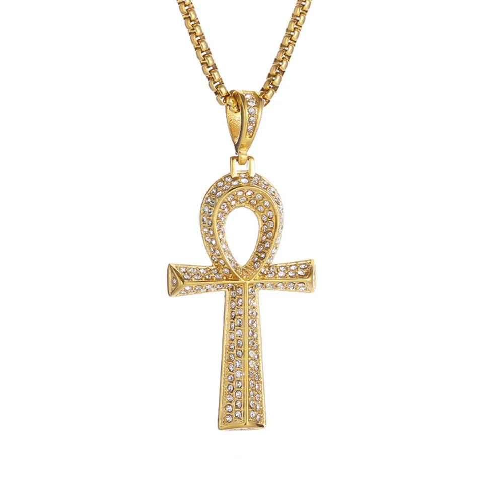 Hip hop iced out bling ankh krížový prívesok zlatá farba z nehrdzavejúcej ocele Egyptský náhrdelník pre ženy Men muž staroveký Egypt klenot darček