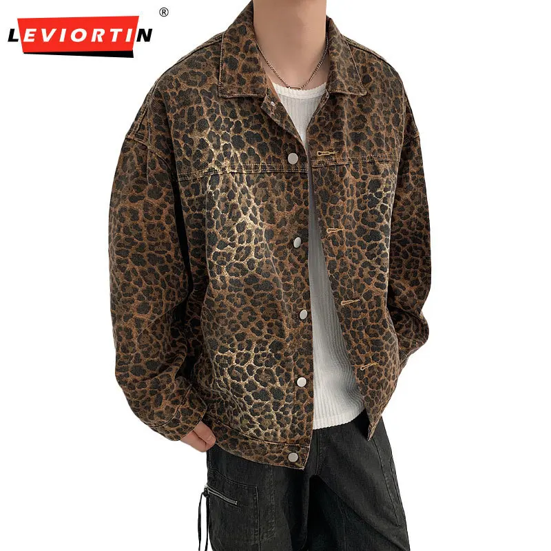 Hip hop pánsky vintage leopardový tlač džínsoviny 2024 Jeseň módny klopný golier zipsový kabát s kabátmi Holiday Bundes Streetwear