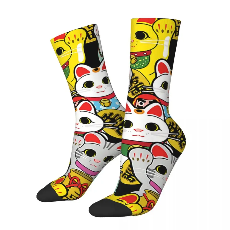 Hip hop retro šťastný mačka Maneki neko bláznivé pánske ponožky unisex harajuku vzor Vytlačený vtipný novinky Crew Sock Boys Darček
