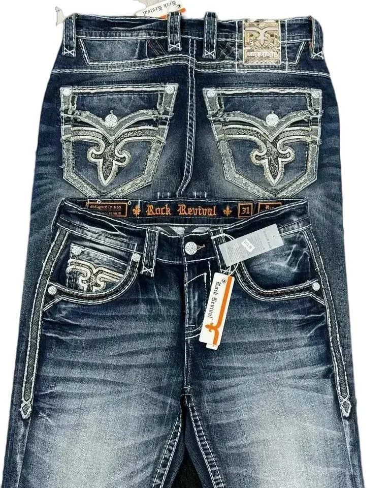 Hip Hop Rock Revival vyšívané džínsy 2024 New American Style Street Wear Loose Casy Casy Y2K široké džínsy