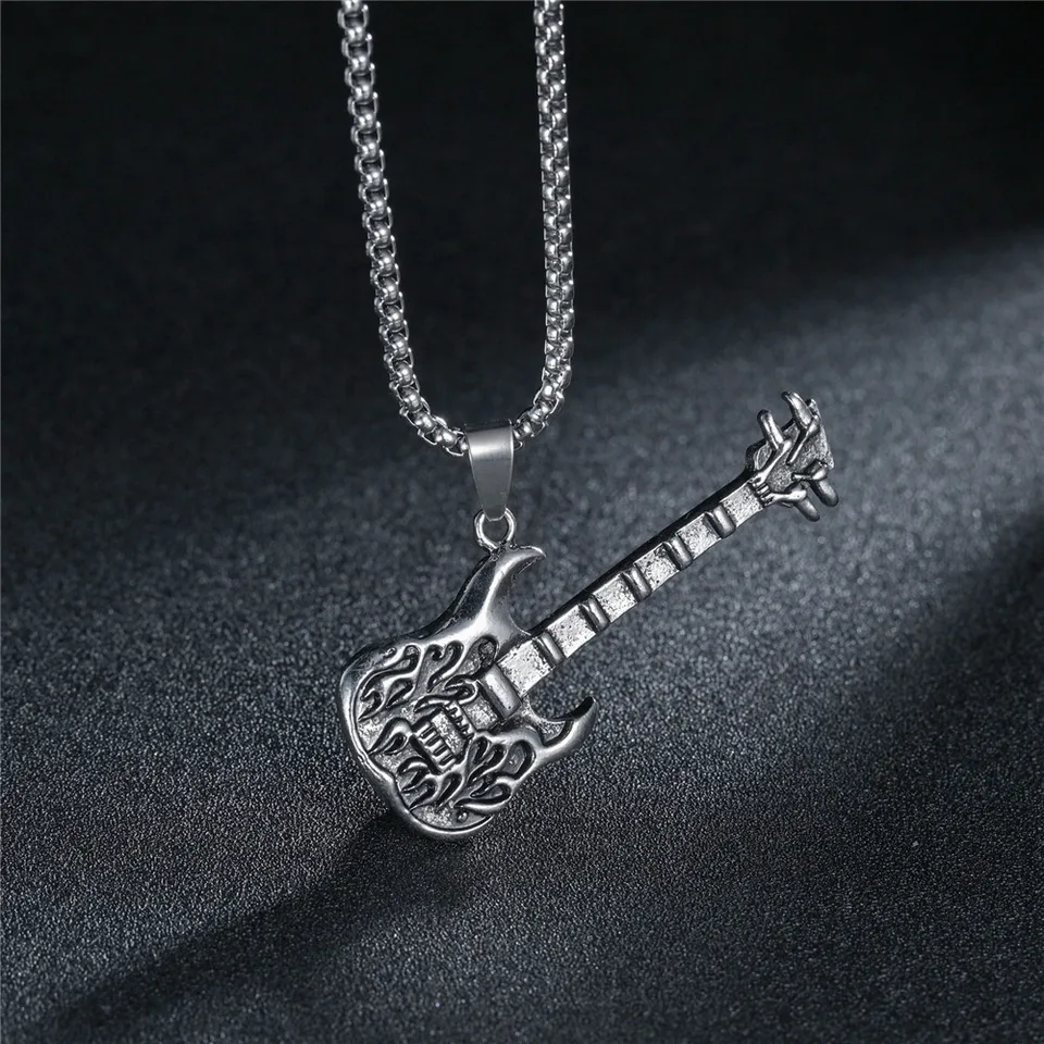 Hip hop vintage strieborná módna módna muži Ženy z nehrdzavejúcej ocele reťazec rocková hudba Gitara prívesok šperky náhrdelník Bijoux darček