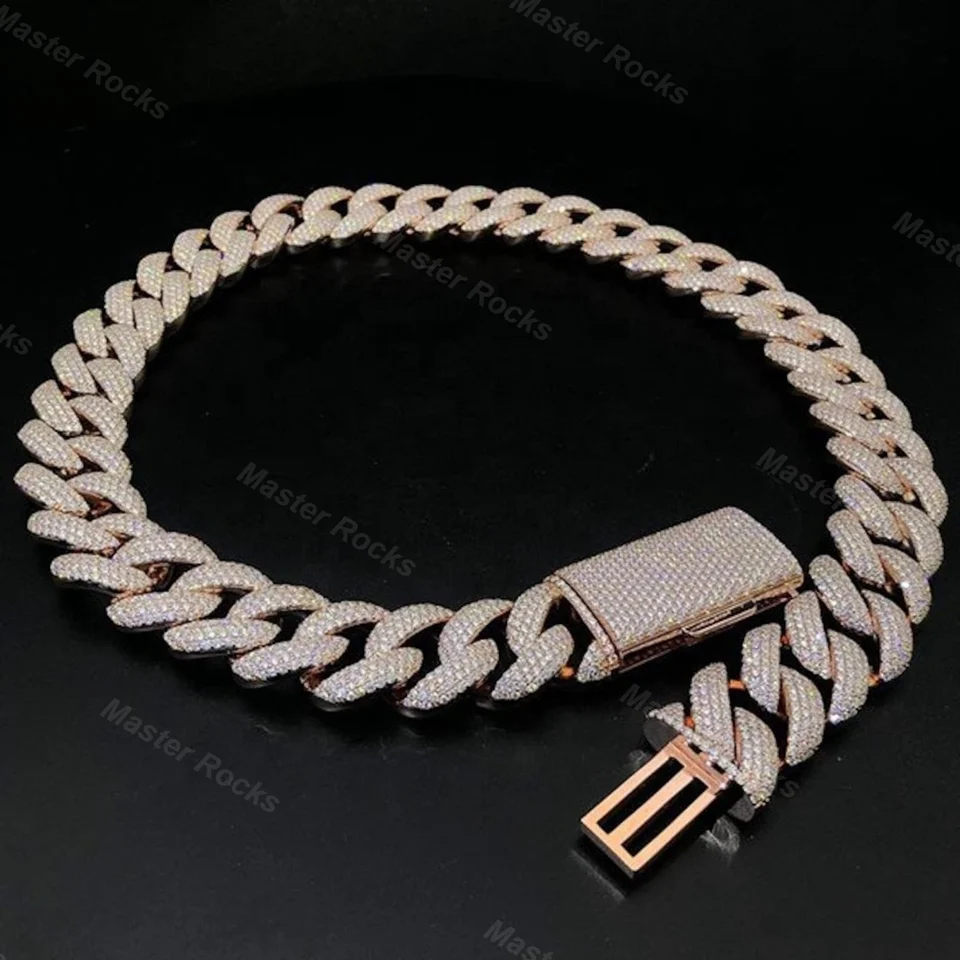 Hip hop šperky kubánsky reťazec reťazový priechod diamantový tester 925 Striebro Mossin kubánsky reťazec 15 mm 4Rows Rose Gold Miami Kubánsky reťazec