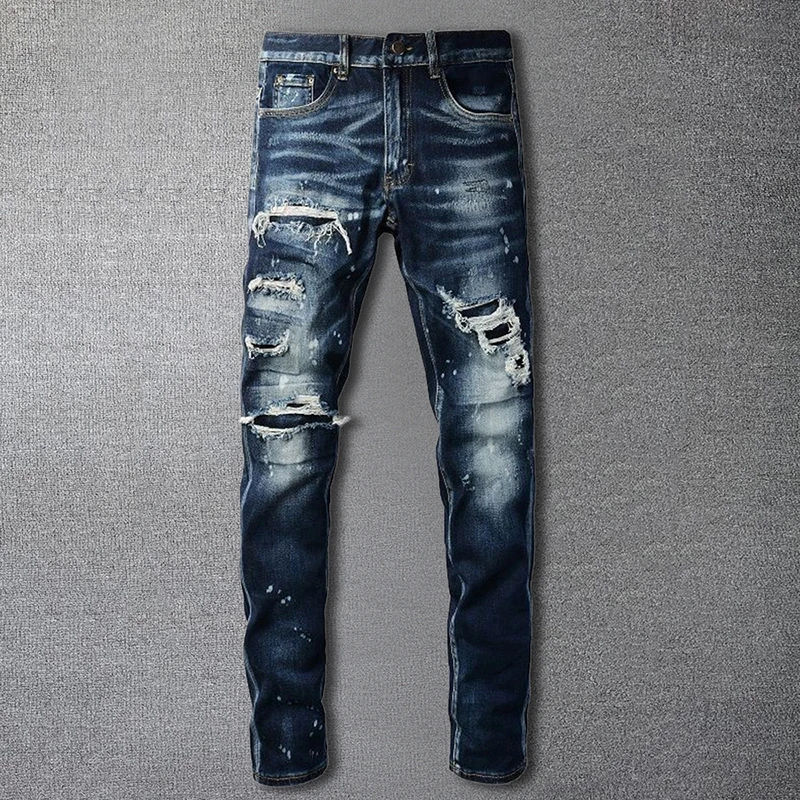 Hip hopové nohavice pre mužov Vysoko kvalitné atramentové striekajúce patchwork Muž Ripped Hole Design Design Jean Pantalon vaqueros hombre