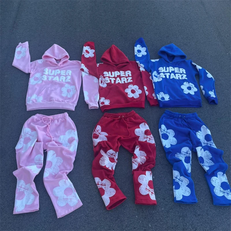 Hip hopové stopy mužov Men 2 kusy Mikina s kapucňou+šnúrky Panty Letter Kvety Kvety KVALISKY Sportswear Ženy Jeseň Streetwear