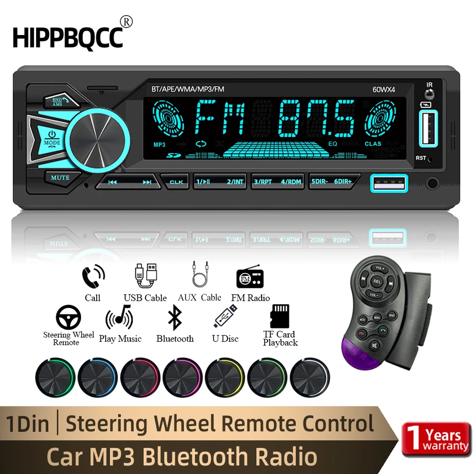 HIPPBQCC 1 DIN Car Radio Stereo MP3 Player Bluetooth FM prijímač s nabíjaním telefónu s diaľkovým ovládaním/USB/TF