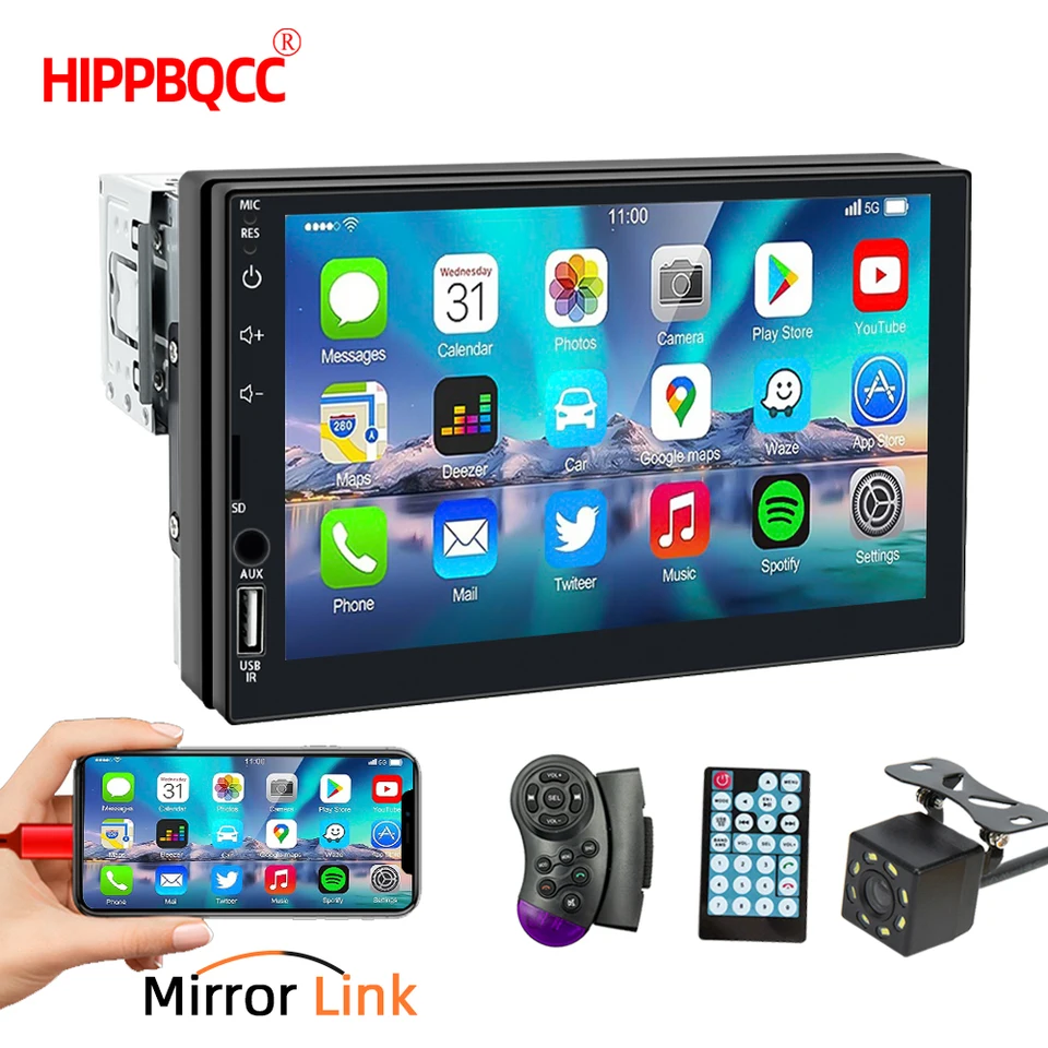 HIPPBQCC 7 palcový automobilový rádio 1 DIN MP5 Multimedia Player Touch Screen FM ISO Power AUX Vstup bluetooth USB Mirror Link Autoradio