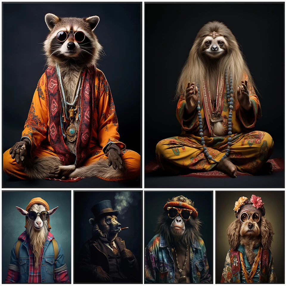Hippie Animals 70. roky Vintage umenie vtipné zvieratá Renaissance Canvas maľba meditácia plagát výtlačky spálne domáce nástenné dekorácie darček