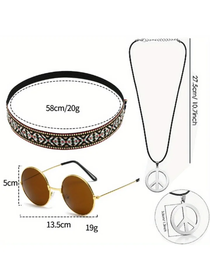 Hippie oblečenie set 60. Styl Circle Gularses Peace Logo Náhrdelník Hippie Headband 60's Party Accessories Kit