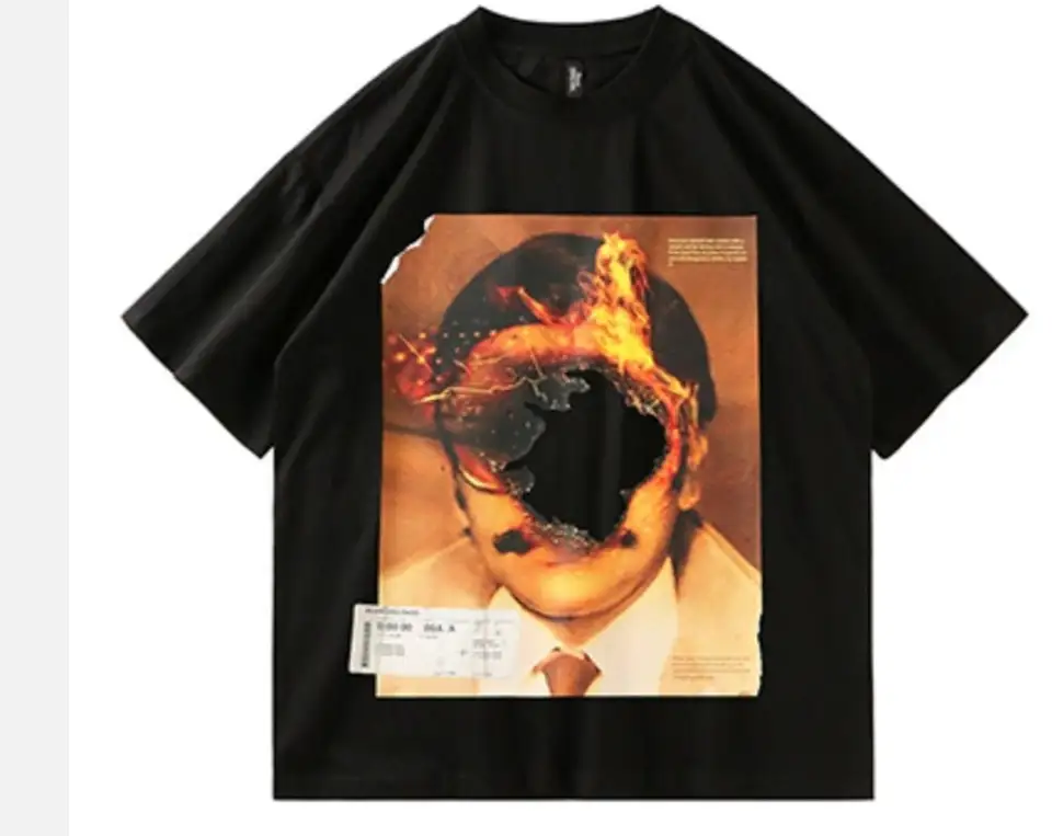 Hippy retro hip hop vintage gotické punkové tričko Streetwear Fire Flame Burning Letter Tlač Tričt