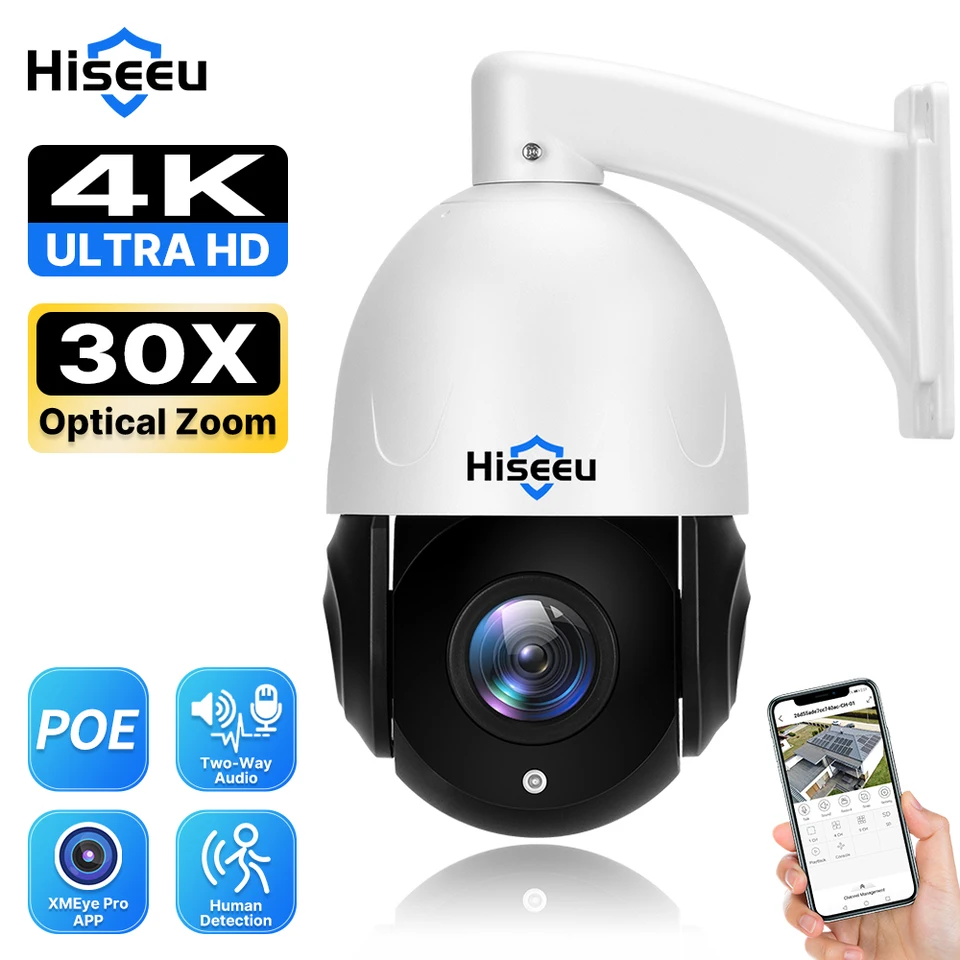 Hiseeu 8MP PTZ Poe Camera 30x Optický zoom vonkajší obojsmerný zvukový farebný nočný videnie Street Surveillance IP Camera IP66 nepremokavý