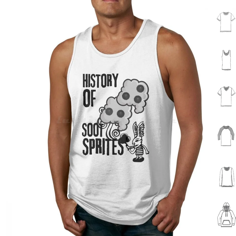 História sadzí sprite, Funny Cartoon Japanese Black Sadel. Touch Tops vesty bez rukávov sadze sprite Spirit Spiroted preč.