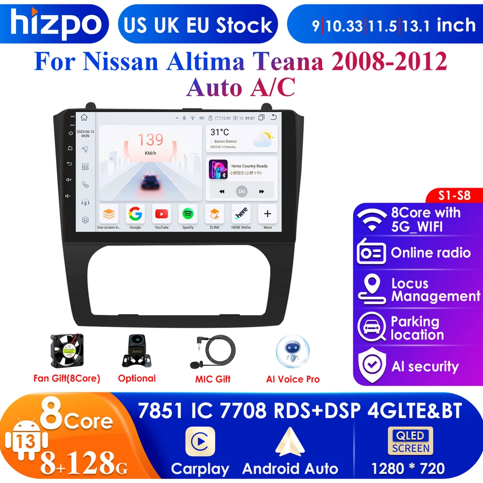 Hizpo 4G 9''ai Intelligent Systems Wireless CarPlay Android 13 Car Radio Multimedia GPS pre Nissan Altima Teana 2Din Autoradio