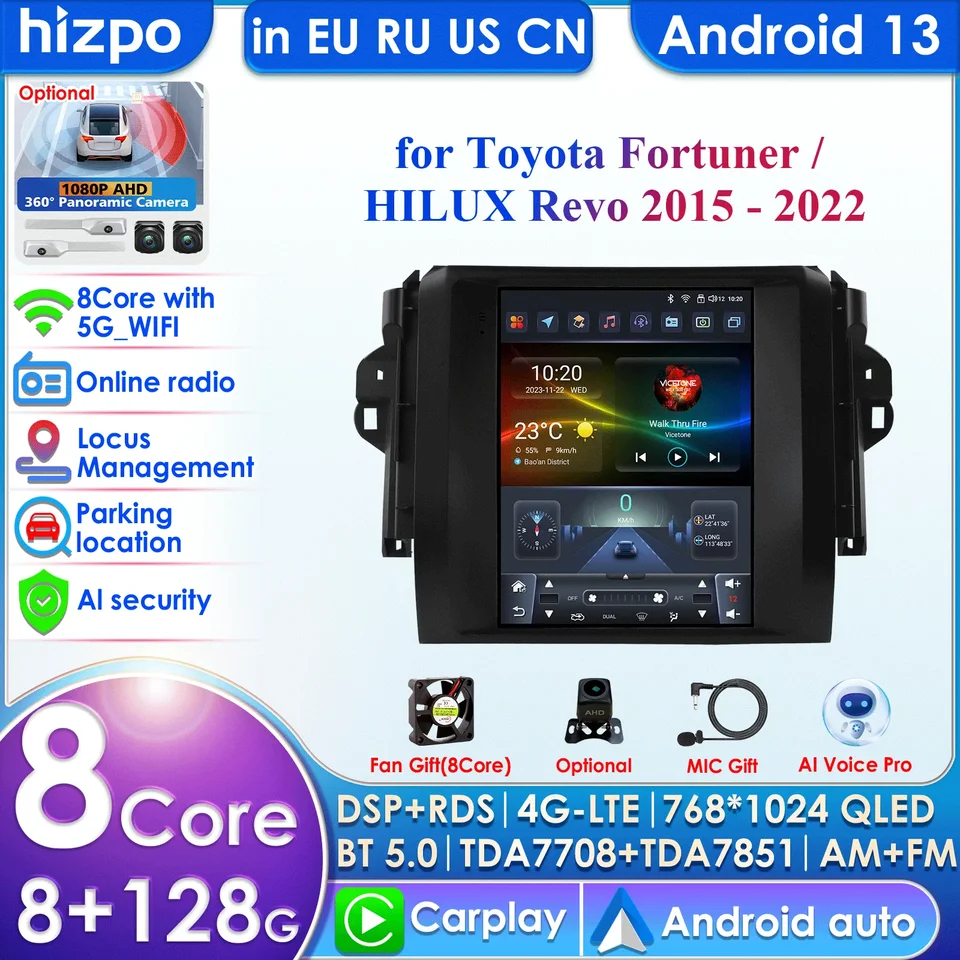 Hizpo 9.7 Tesla Style 2Din Android Car Radio pre Toyota Fortuner Hilux Revo 2015 - 2022 Multimediálny hráč CarPlay Stereo RDS GPS