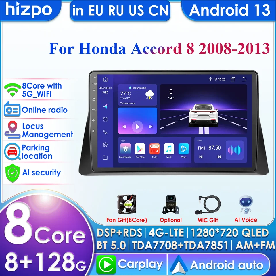 Hizpo CarPlay 4G 2 DIN Android 13 Cardio Radio pre Honda Accord 8 2008 - 2013 Multimediálne video inteligentný hráč Navi GPS DSP WiFi