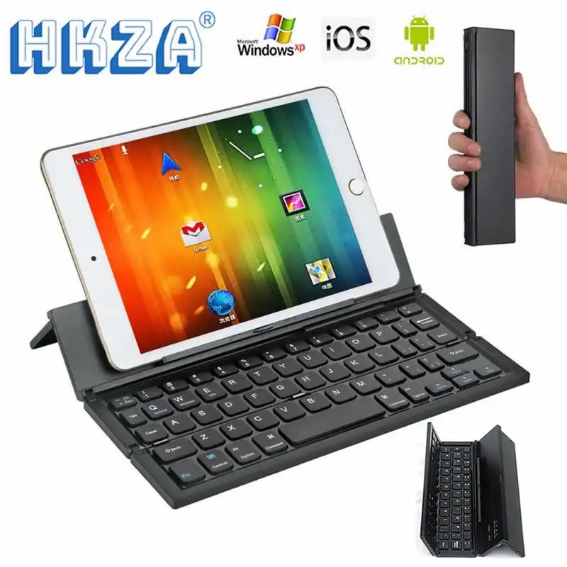 HKZA Skladacie Bluetooth Klávesnica Nabíjateľná prenosná mini bezdrôtová klávesnica s tabletovými telefónmi stojí pre Windows Android iOS