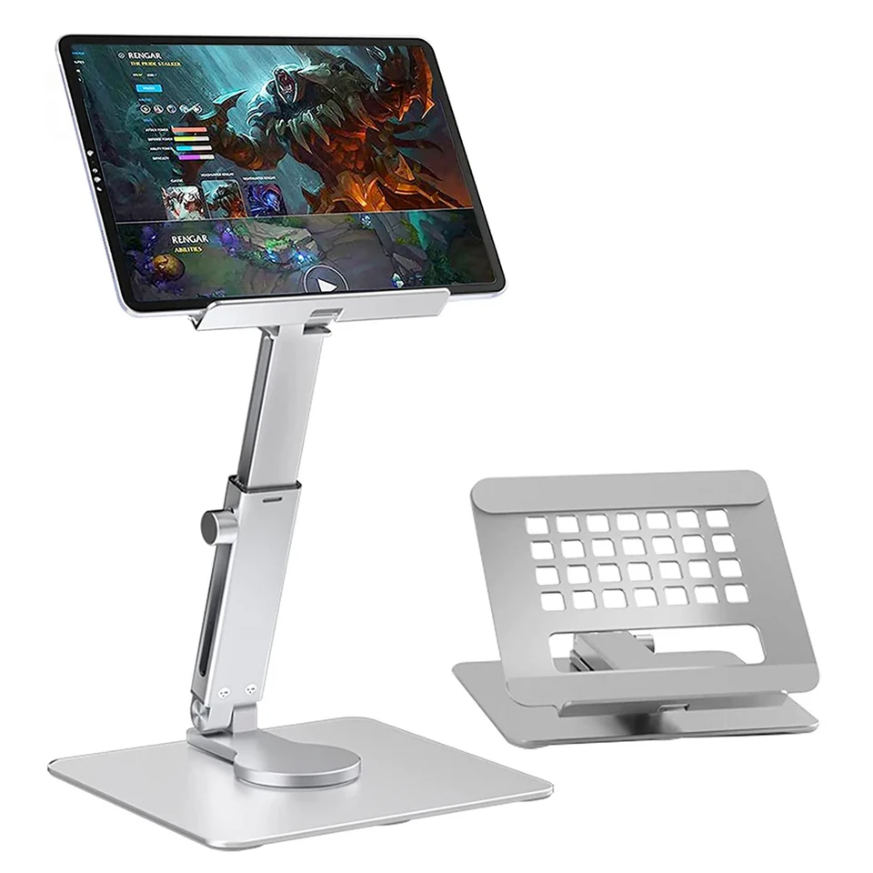 Hliníková tableta Stánok stúpač 360 ° rotácia Viacnásobná výška výšky nastaviteľná skladacia držiak Dock pre i iPad Xiaomi Huawei Tab