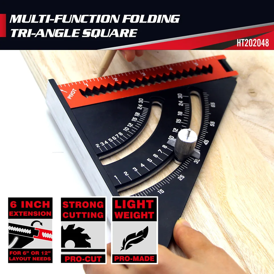 Hliníková zliatina Skladací trojuholníkový pravítko Metric a palcový trojuholníkový pravítko Woodworking Angle Ruler Carpentry Tools