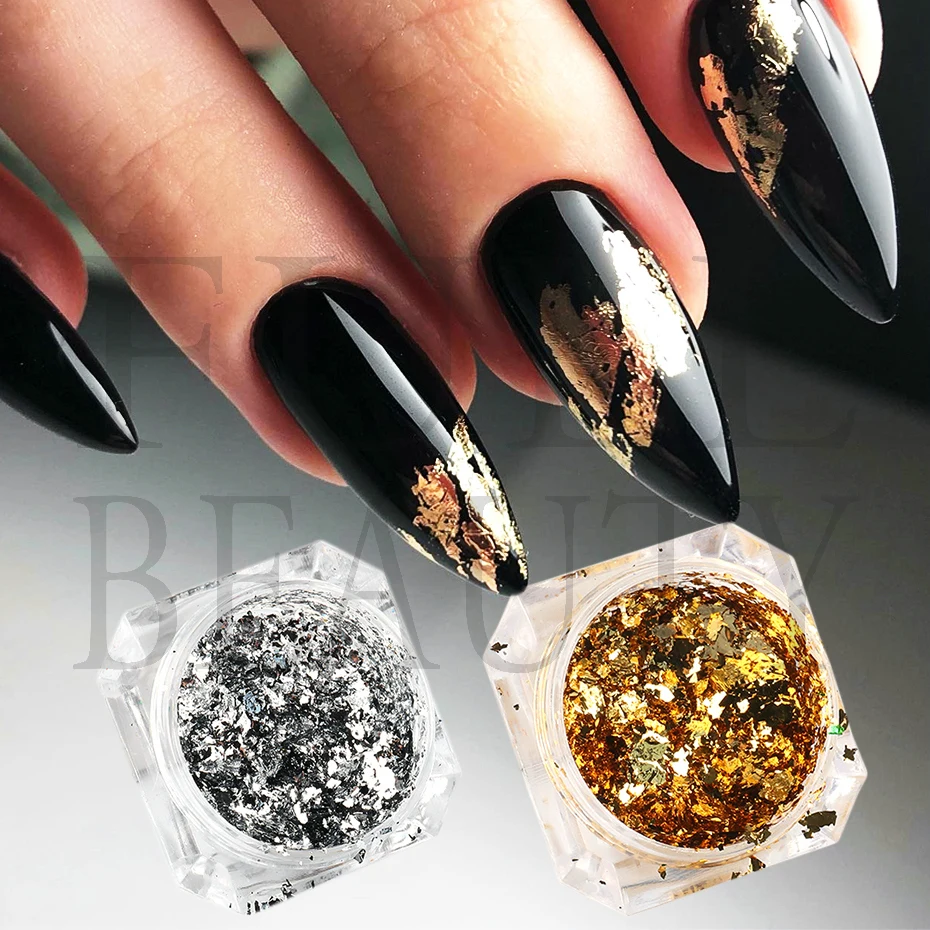 Hliníkové zlaté strieborné trblietky Flake Flitre pre nechty Nepravidelné zrkadlo Paillette Foil Chrome Sparkly Práškovú manikúru LECB01-08