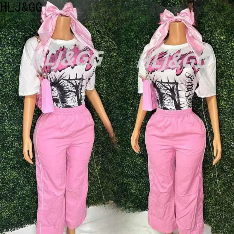 HLJ a GG Pink Y2K Stripe Print Rovné nohavice Dvojdielne súpravy Ženy o krku bavlna voľná top a šnúrky na nohavice na ulici Streetwear