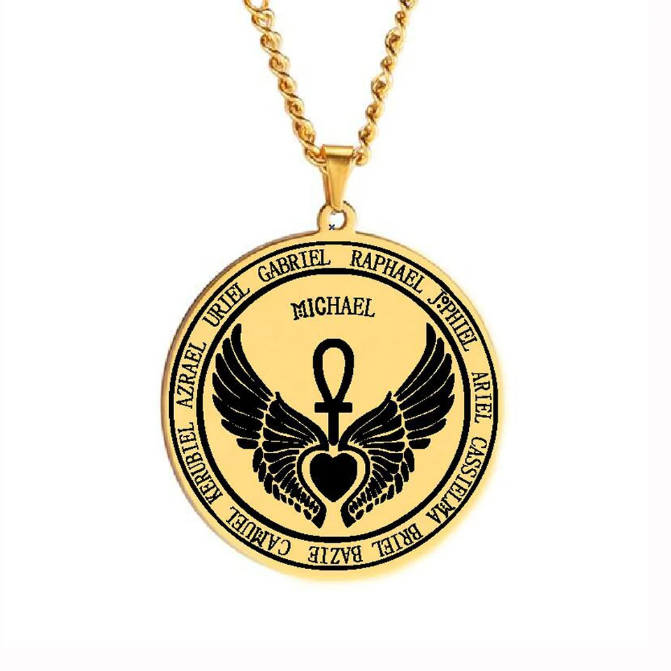 HLSS080 FEAST Archanjels 12 Guardian Angels Medallion Wings Srdce Ankh Life Power Magic Amulet Amulet šperky z nehrdzavejúcej ocele