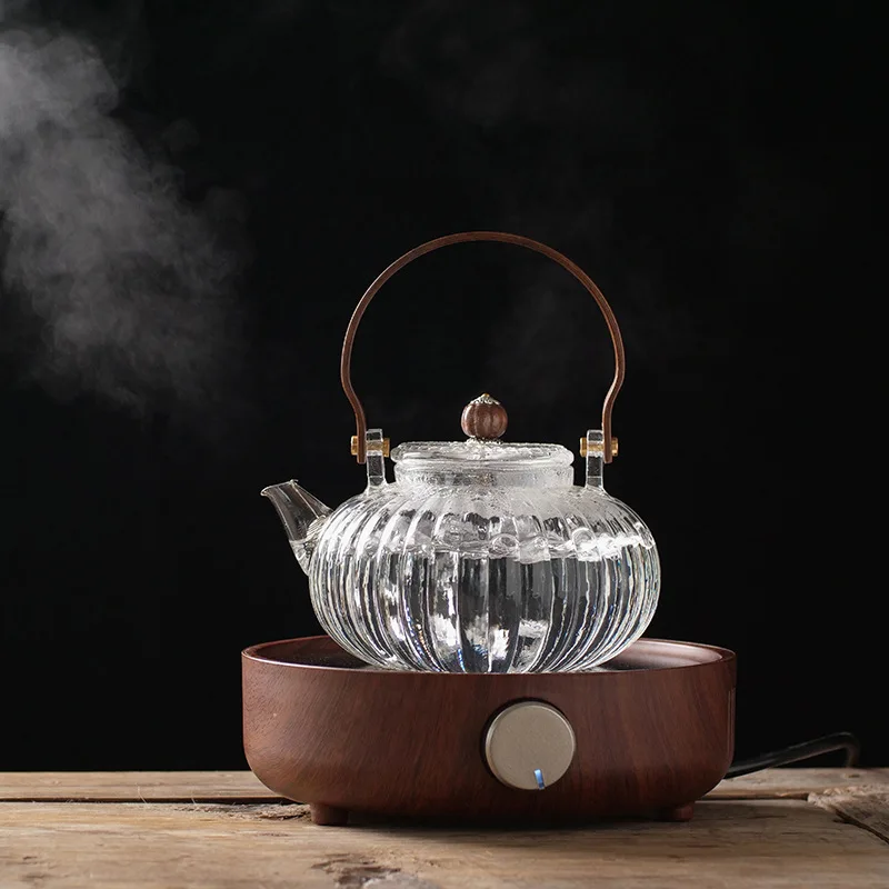 HMLove Glass Teapot Wood Ruckova rukoväť Čajwear Set Cup Filter Čínsky čajový obrad High Bór Silikón Transparentné tekvicové hrniec 900 ml