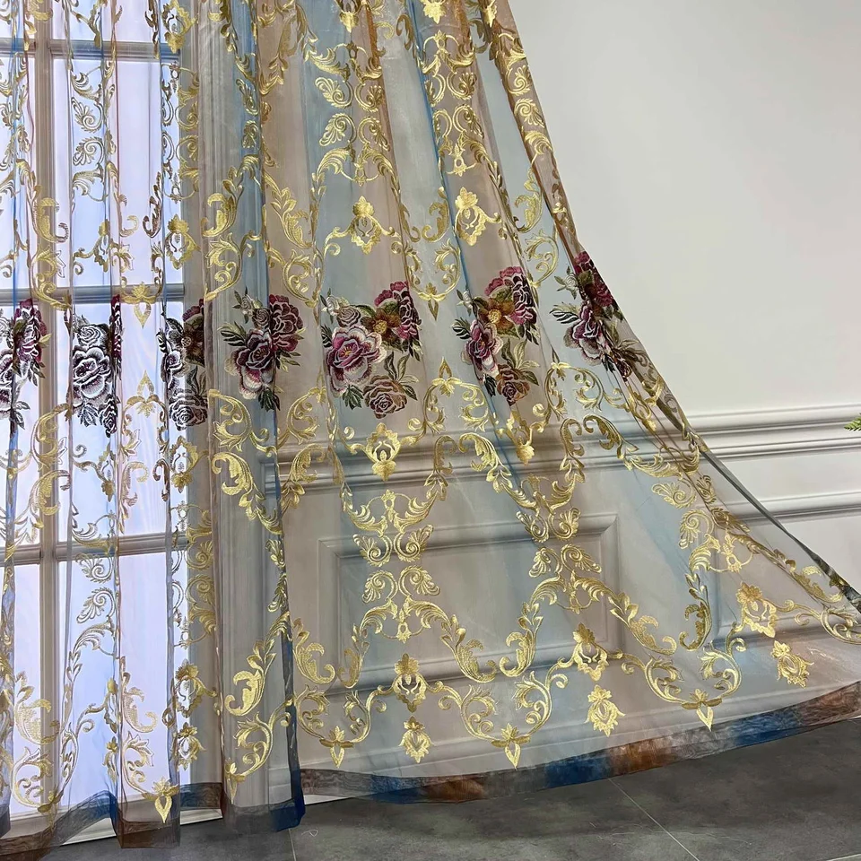 Hnedý a modrý gradient číry oponu Tull Luxusný kvet vyšívaný vintage voile okenné závesy pre obývaciu izbu Posuvné dvere