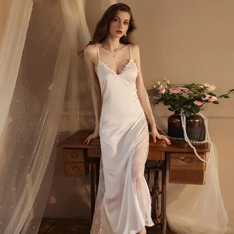 Hodvábna nočná nočná nočná žien pre ženy popruhy Nightgown Satin Sleepwear Lady Sexy spodná bielizeň čipky pyžamy šaty nočné oblečenie Homewear