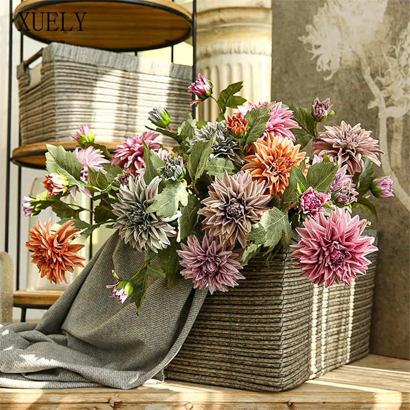 Hodvábne kvety Dahlias, 2 hlavy, severská retro pivonka, svadobná kytica, dom, obývacia izba, kancelárska dekorácia, falošné kvety prop, 66c