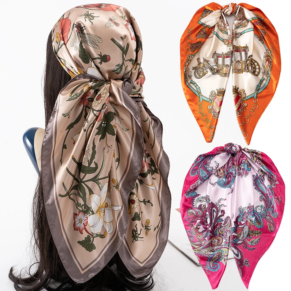 Hodvábny šarfový šarftop Headwraps for Women Vintage Four Seasons Scarve 90*90 cm hidžáb fould iuxe femme femme šatk