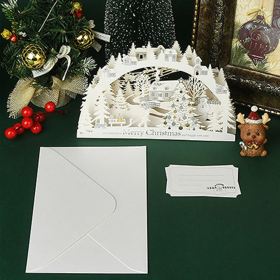 Hollo vianočné 3D pozdravné karty laser vyryté obálkou a pohľadnicia