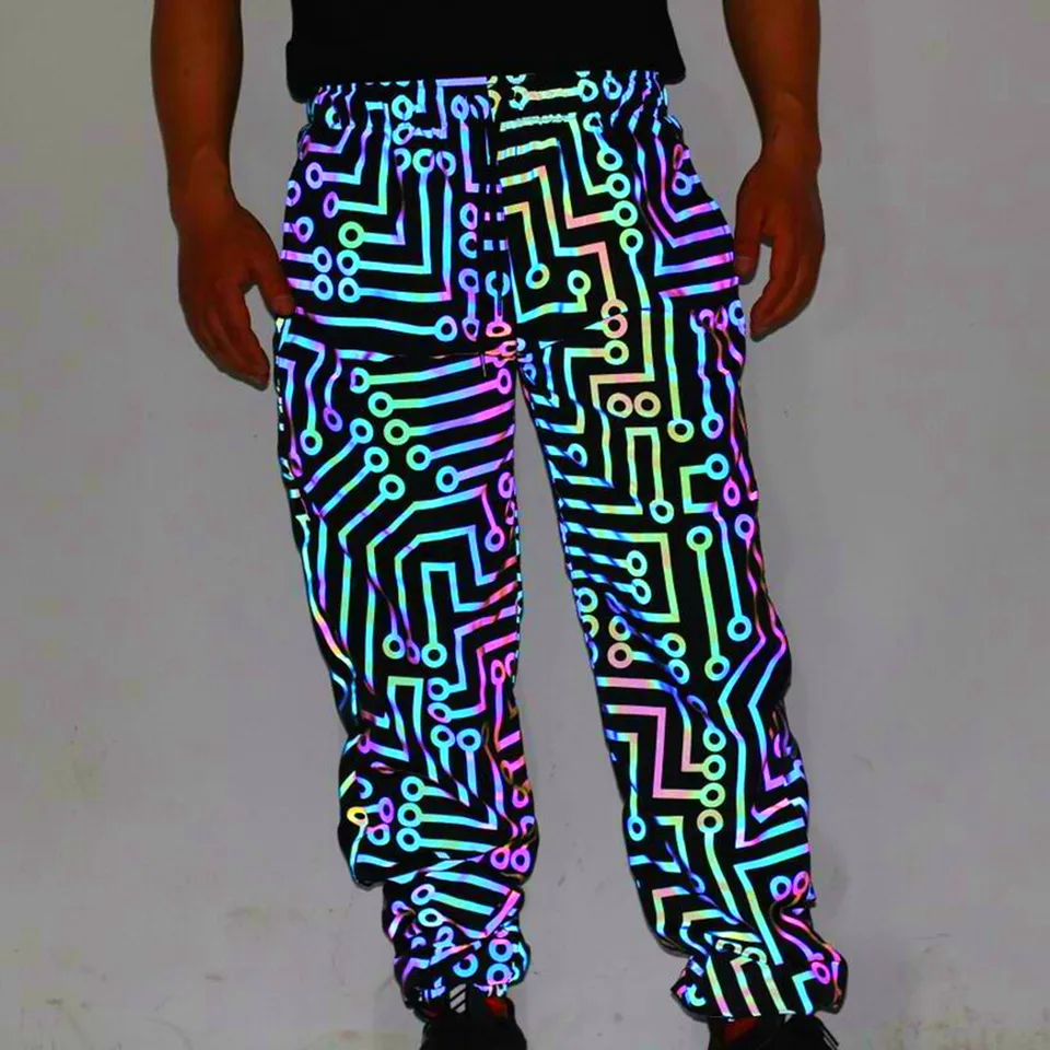 Holografickí muži Reflexné geometrické vzor obvodu Farebné hip hop nohavice Príležitostné joggingové tepláky