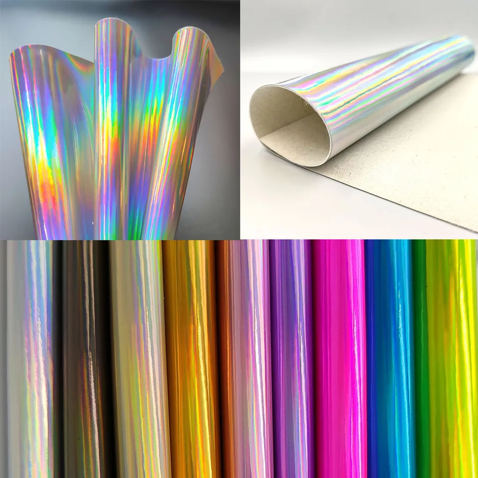 Hologram dúhová dúhová zrkadlená faux PU syntetické laserové kožená tkanina remeselnícka taška DIY luky ručne vyrobené náušnice